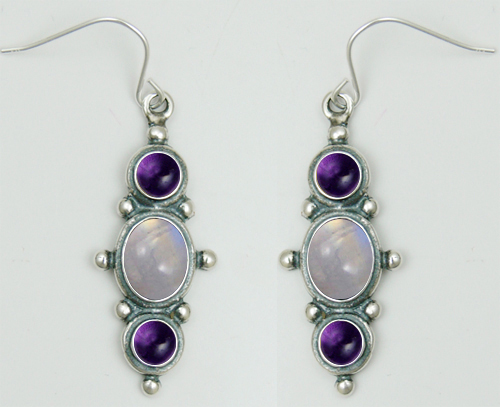 Sterling Silver Drop Dangle Earrings With Rainbow Moonstone And Amethyst